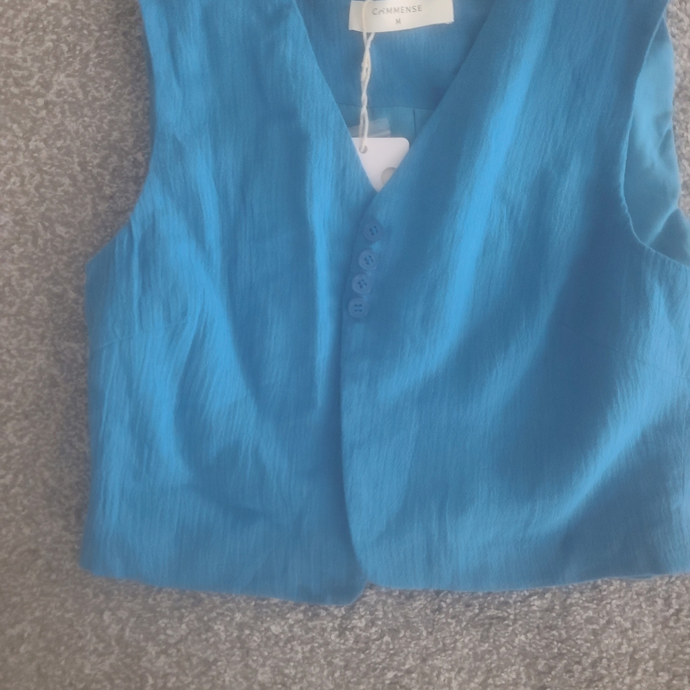 Blue COMMENSE Sleeveless V-Neck Button Front Top With PANTS